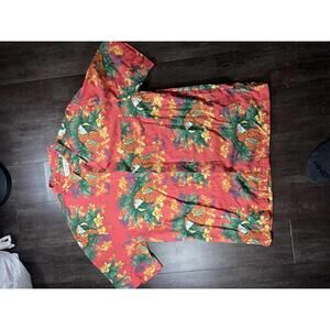 Island Republic Hawaiian Shirt Mens L Red Tropical Parrot Palm Print Rayon Butto